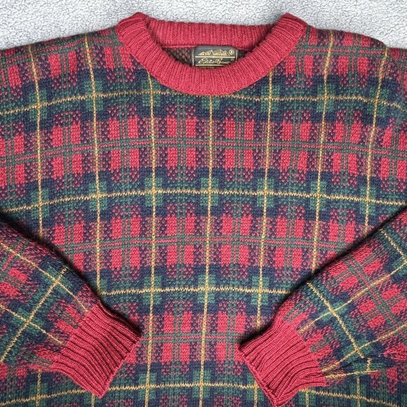 VINTAGE Eddie Bauer Sweater Mens M Red Green Tartan Plaid Crewneck Made USA 90s - Picture 1 of 12